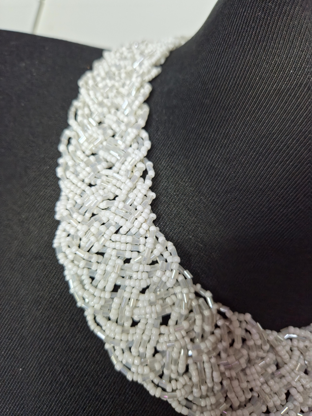 White Beaded Braided Collar Necklace - Picture 4 of 9